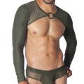 Olive green long-sleeve mesh crop top harness featuring a central O-ring neck detail.