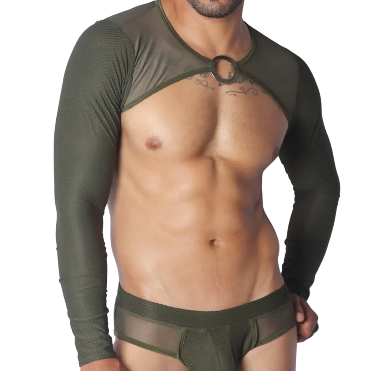Olive green long-sleeve mesh crop top harness featuring a central O-ring neck detail.