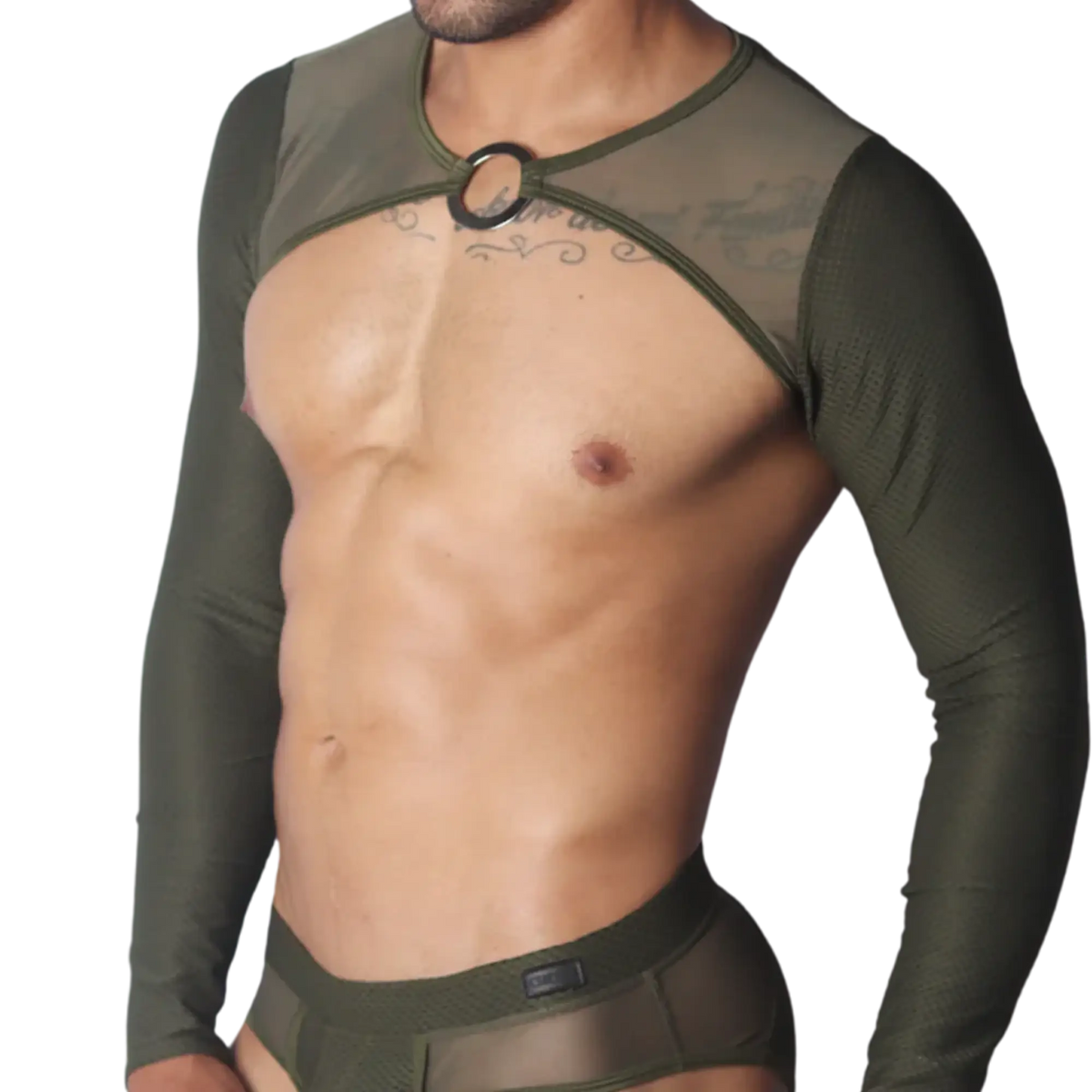 Olive green long-sleeve mesh harness with a central metallic O-ring cutout, worn over a matching mesh brief.