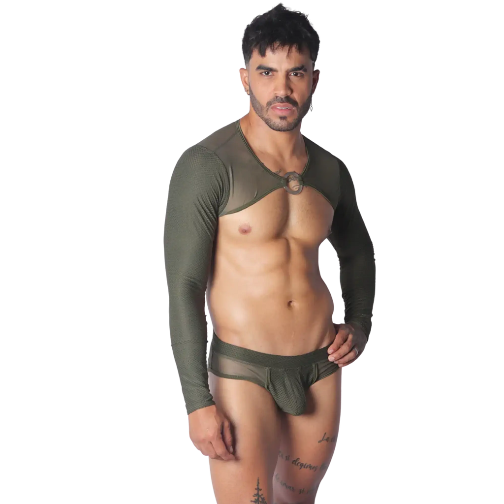 Olive green mesh bolero-style harness with long sleeves, circular chest ring, and matching low-rise mesh brief.