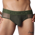 Olive green jock thong with mesh front pouch, sheer side panels, and a branded elastic waistband.