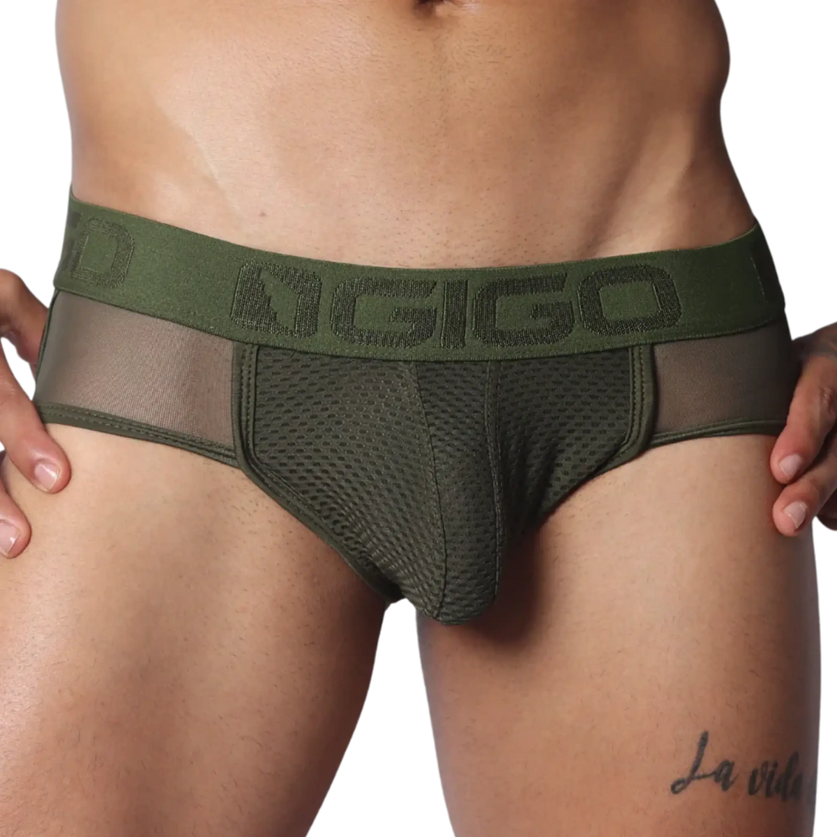 Olive green jock thong with mesh front pouch, sheer side panels, and a branded elastic waistband.