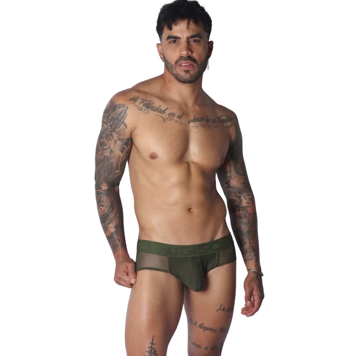 Olive green jockstrap featuring a mesh pouch and branded elastic waistband on a tattooed model.