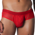 Vibrant red men's low-rise brief featuring sheer mesh panels and a textured mesh pouch for a breathable, athletic fit.