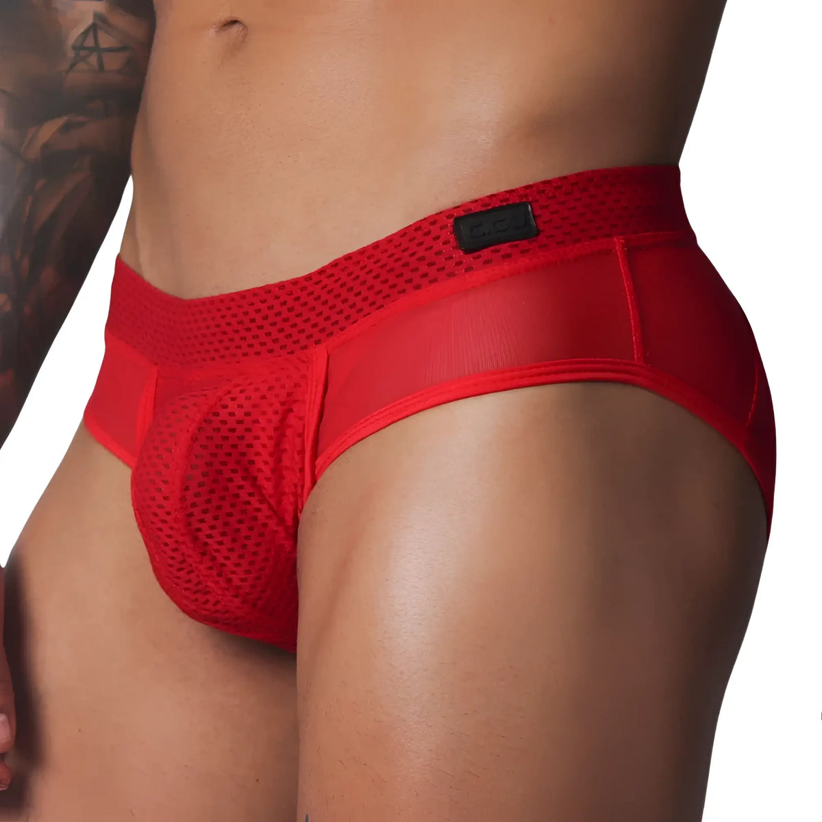 Red mesh athletic brief with a supportive pouch, wide textured waistband, and a black Gigo logo patch.