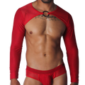 Red long-sleeve crop harness in textured mesh fabric, featuring a central silver O-ring neck accent.