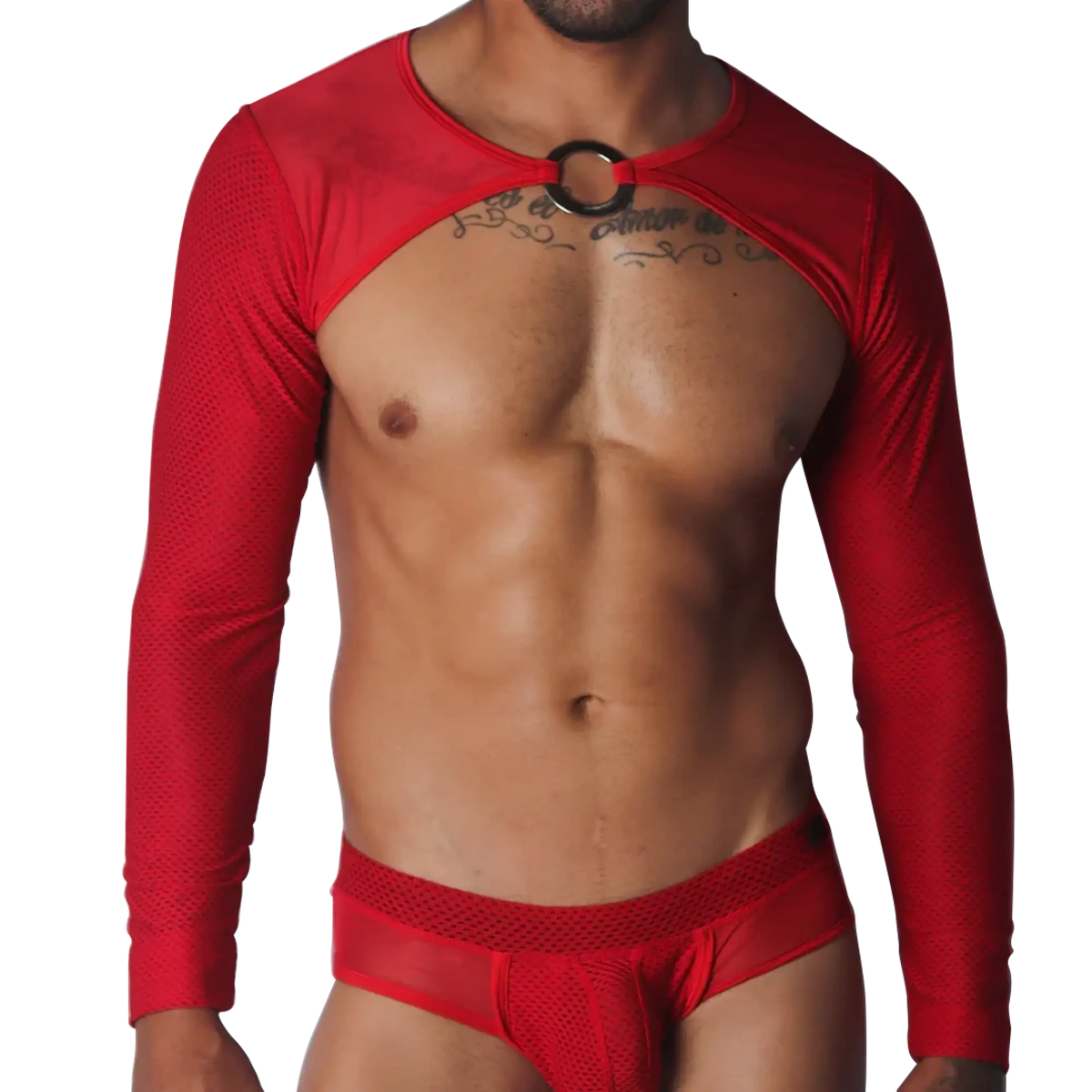 Red long-sleeve crop harness in textured mesh fabric, featuring a central silver O-ring neck accent.