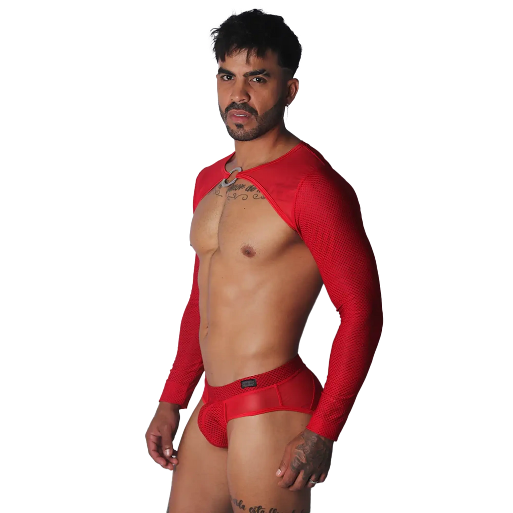 Red mesh long-sleeve harness with a center metal ring and matching red mesh briefs on a shirtless man.