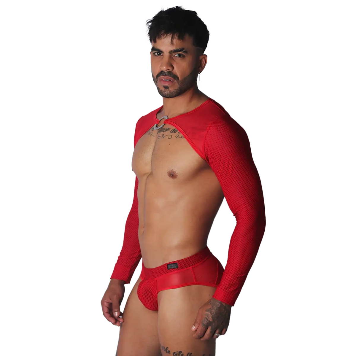 Red mesh long-sleeve harness with a center metal ring and matching red mesh briefs on a shirtless man.