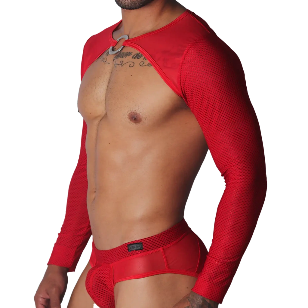 Red mesh long-sleeve crop harness featuring a chest cutout with a silver metal O-ring detail.