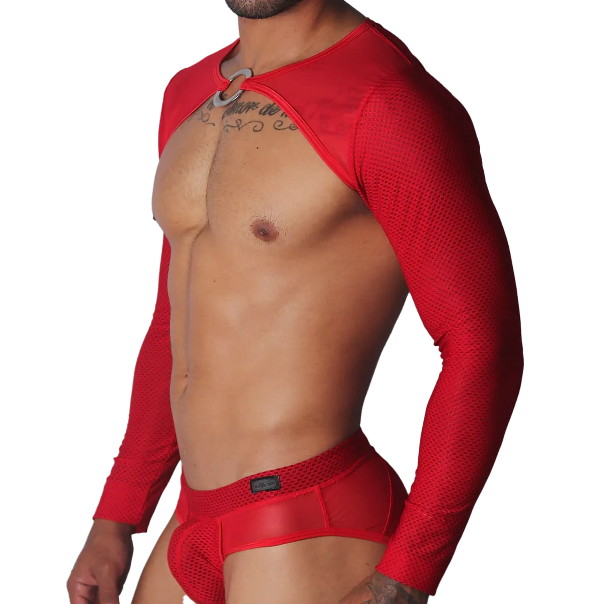 Red mesh long-sleeve crop harness featuring a chest cutout with a silver metal O-ring detail.