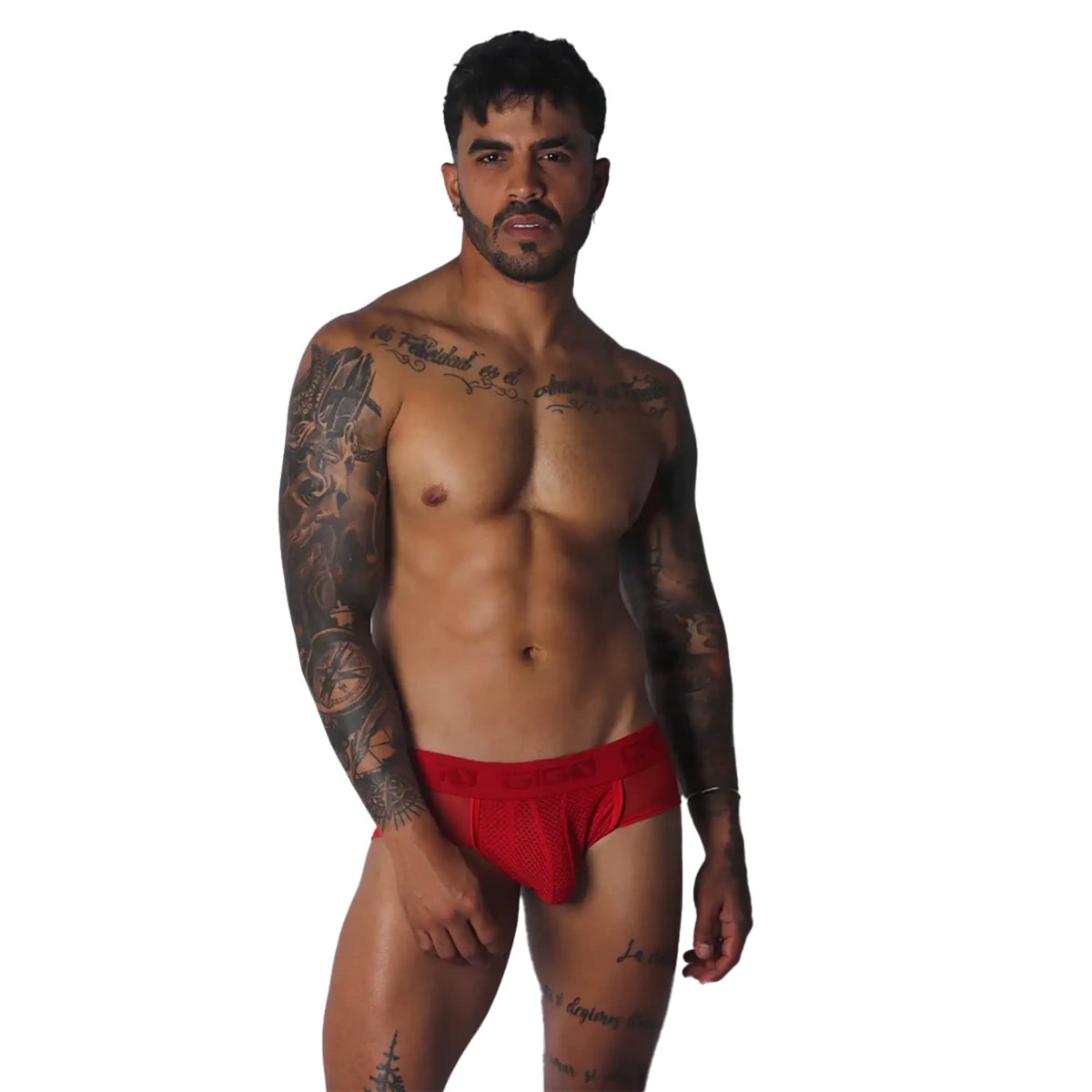 Bright red athletic jock-thong with a mesh pouch and a wide, logo-branded elastic waistband.