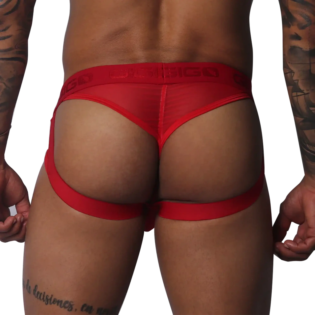 Red mesh jock strap with a wide branded elastic waistband and supportive leg straps.