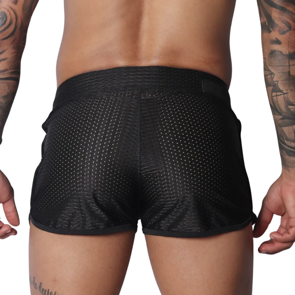 Black athletic short shorts in breathable mesh fabric with a solid waistband and slim, rounded hem.