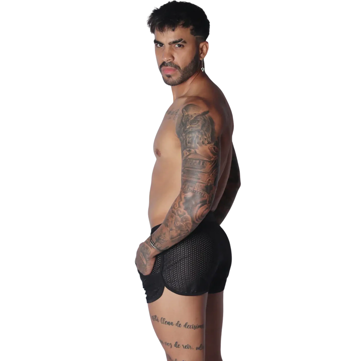 Black athletic mesh short with a curved hemline and pocket detail, worn by a shirtless man.