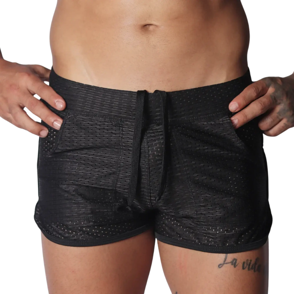 Black athletic mesh shorts with a drawstring waistband and side pockets.