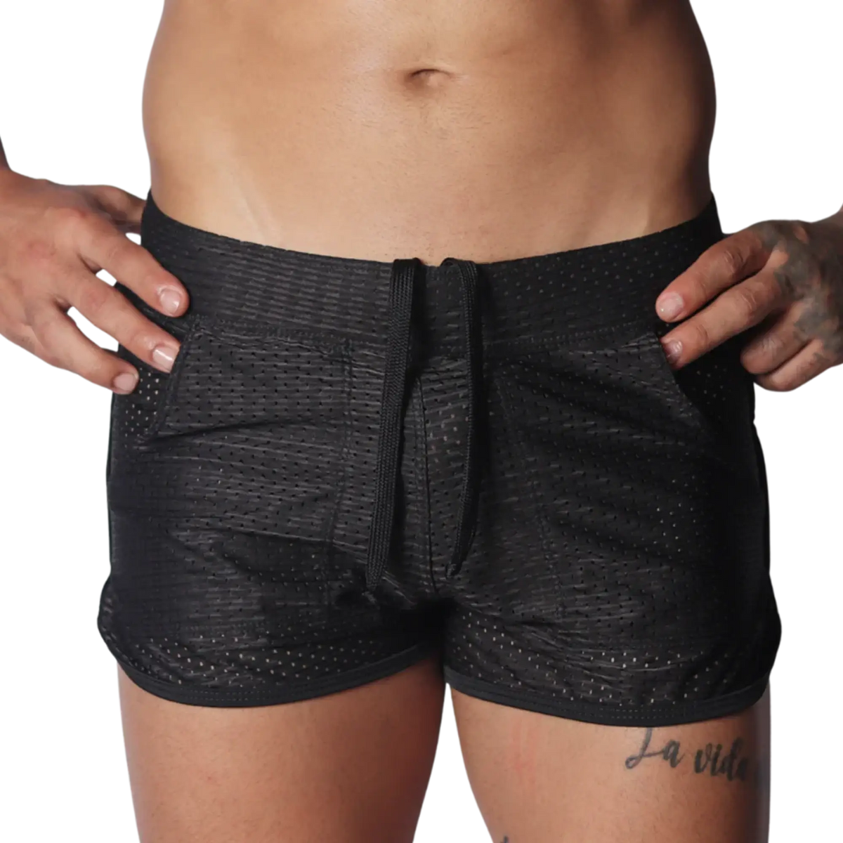 Black athletic mesh shorts with a drawstring waistband and side pockets.