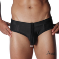 Black low-rise swim brief with side mesh panels and a center drawstring featuring metal-tipped aglets.