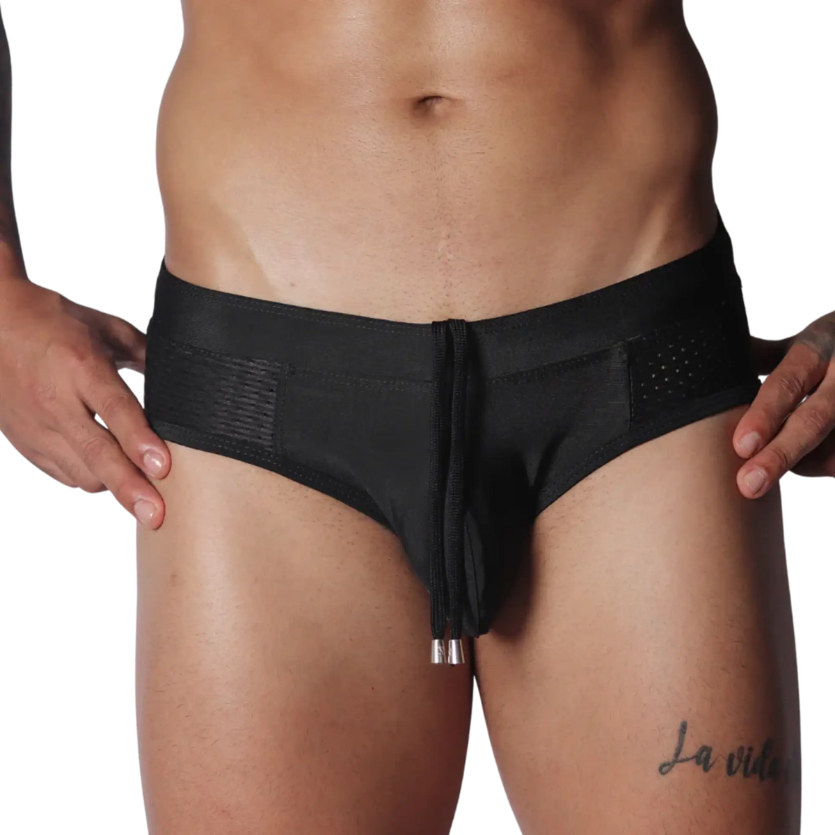 Black low-rise swim brief with side mesh panels and a center drawstring featuring metal-tipped aglets.