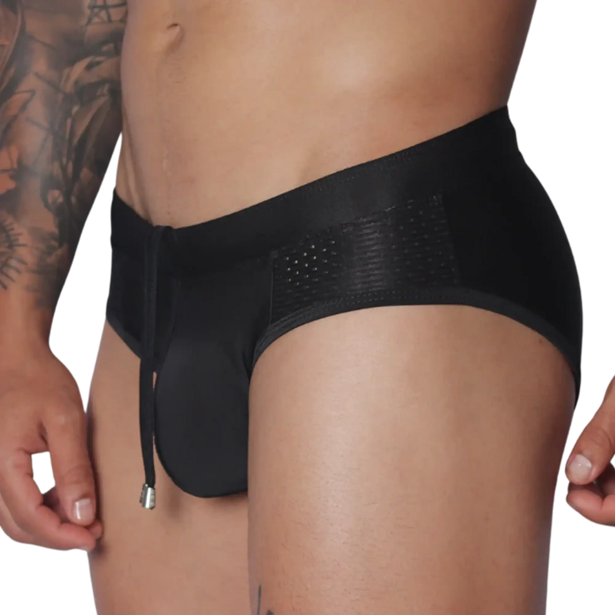 Black swim brief with side mesh panels, a drawstring waist, and metallic tips.