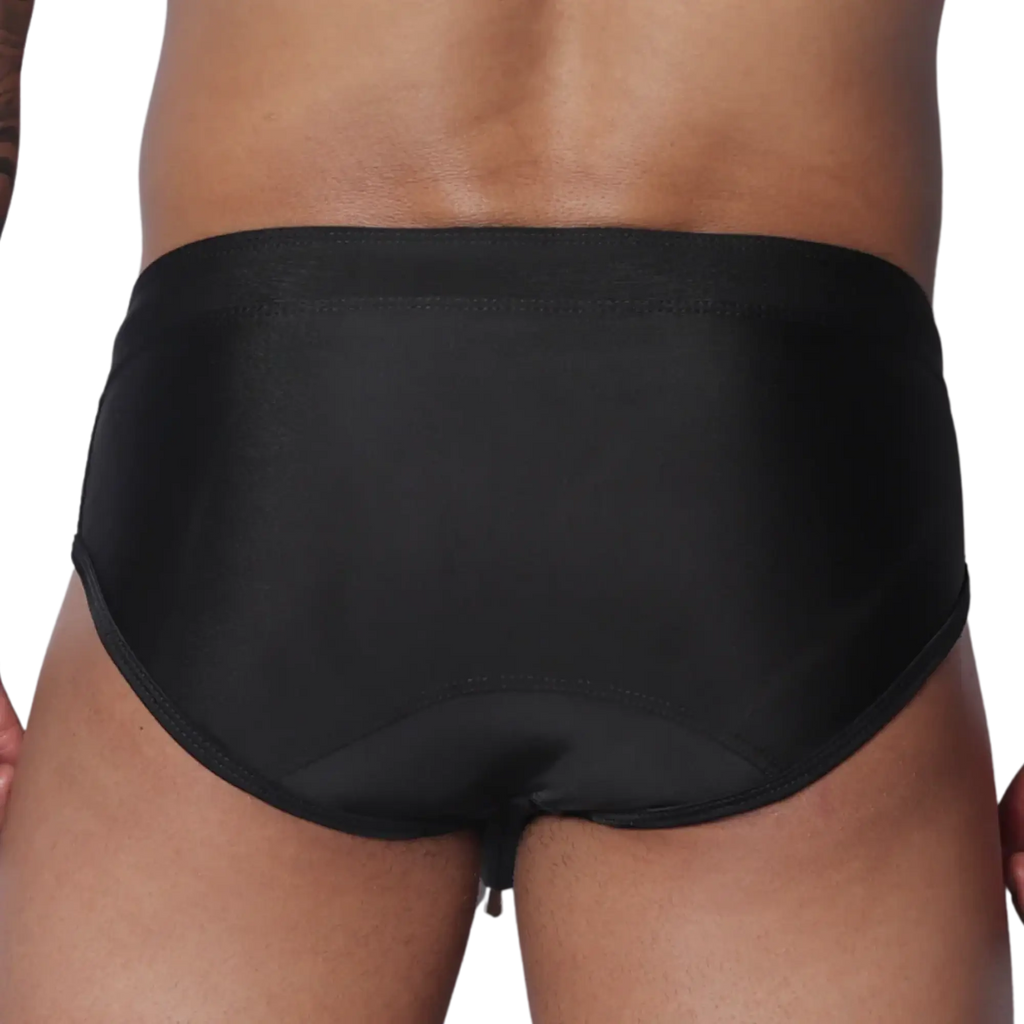 Solid black swim brief in a minimalist, sleek style with a wide waistband and smooth, fitted fabric.