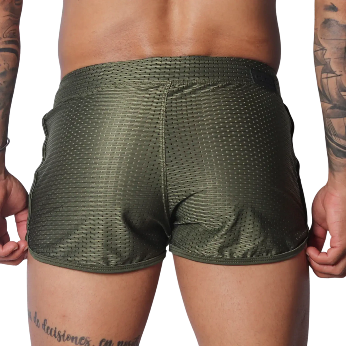 Olive green, athletic-style shorts in breathable mesh fabric with a short hem and slim fit.