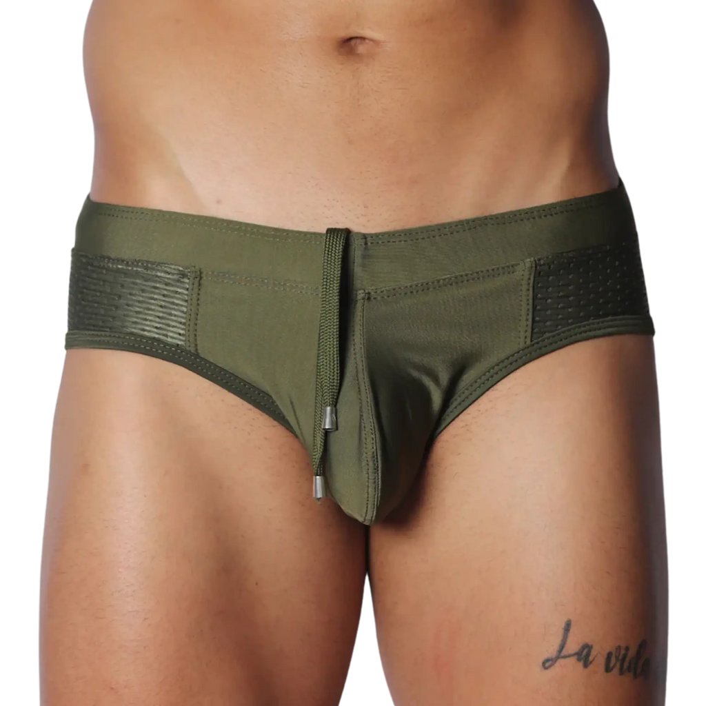 Olive green swim brief with a center drawstring, contoured pouch, and textured side mesh panels.