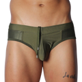 Olive green swim brief with a center drawstring, contoured pouch, and textured side mesh panels.