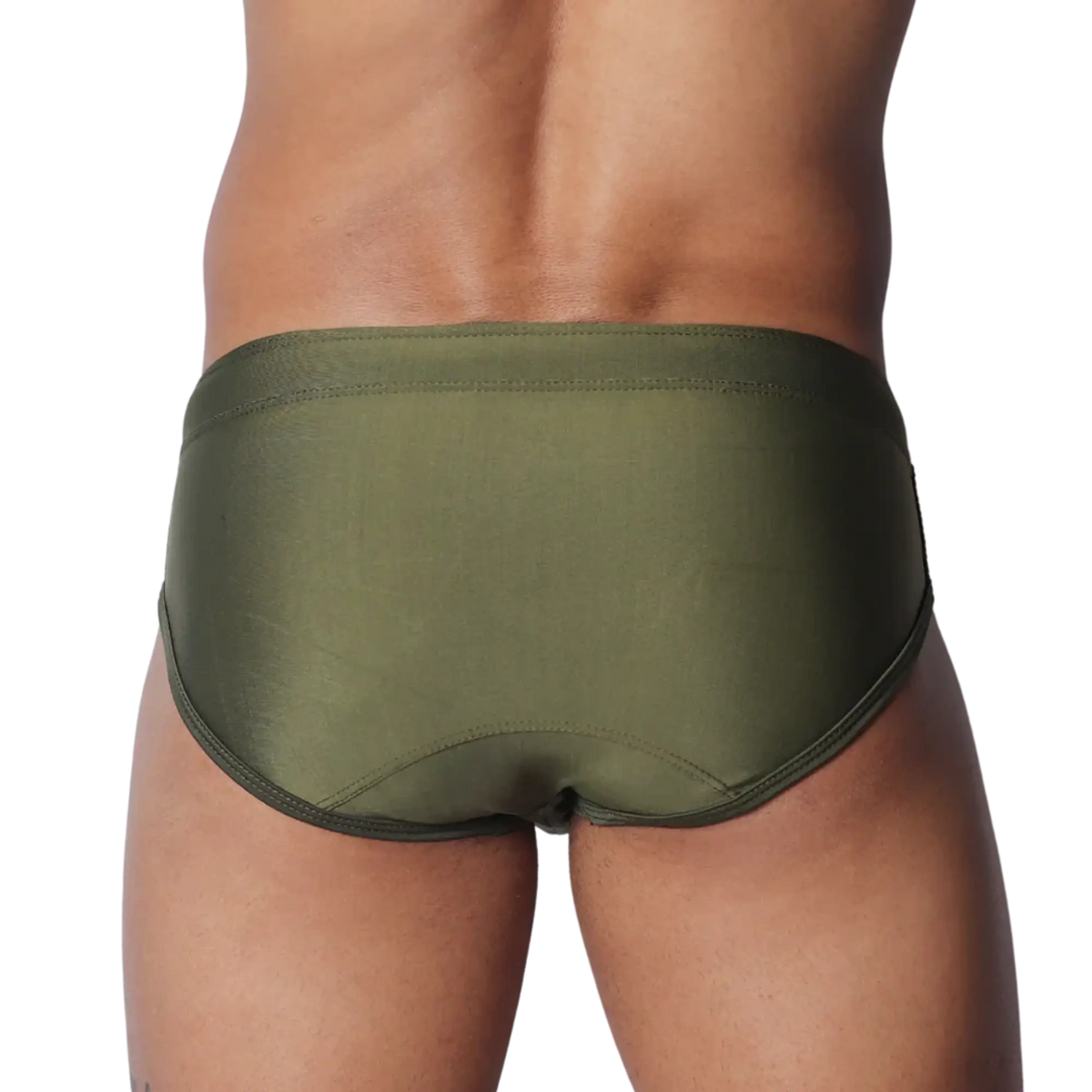 Back view of olive green, smooth synthetic swim brief with a wide waistband and stitched hem detail.