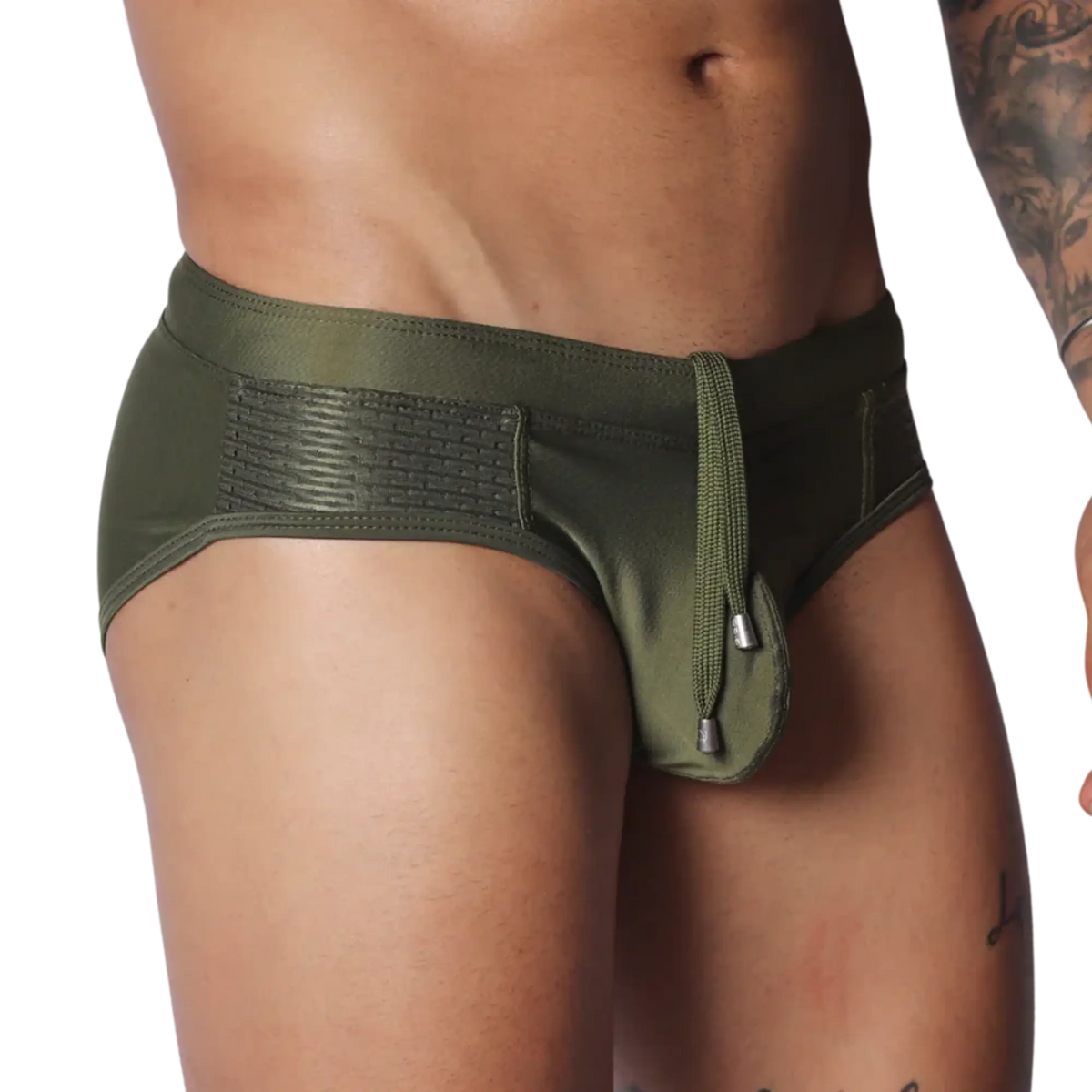 Olive green swim brief with side mesh panels and a drawstring front featuring metallic aglets.