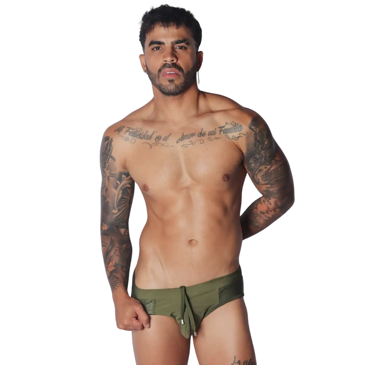 Olive green swim brief with side mesh panels and a center front drawstring tie against a black background.
