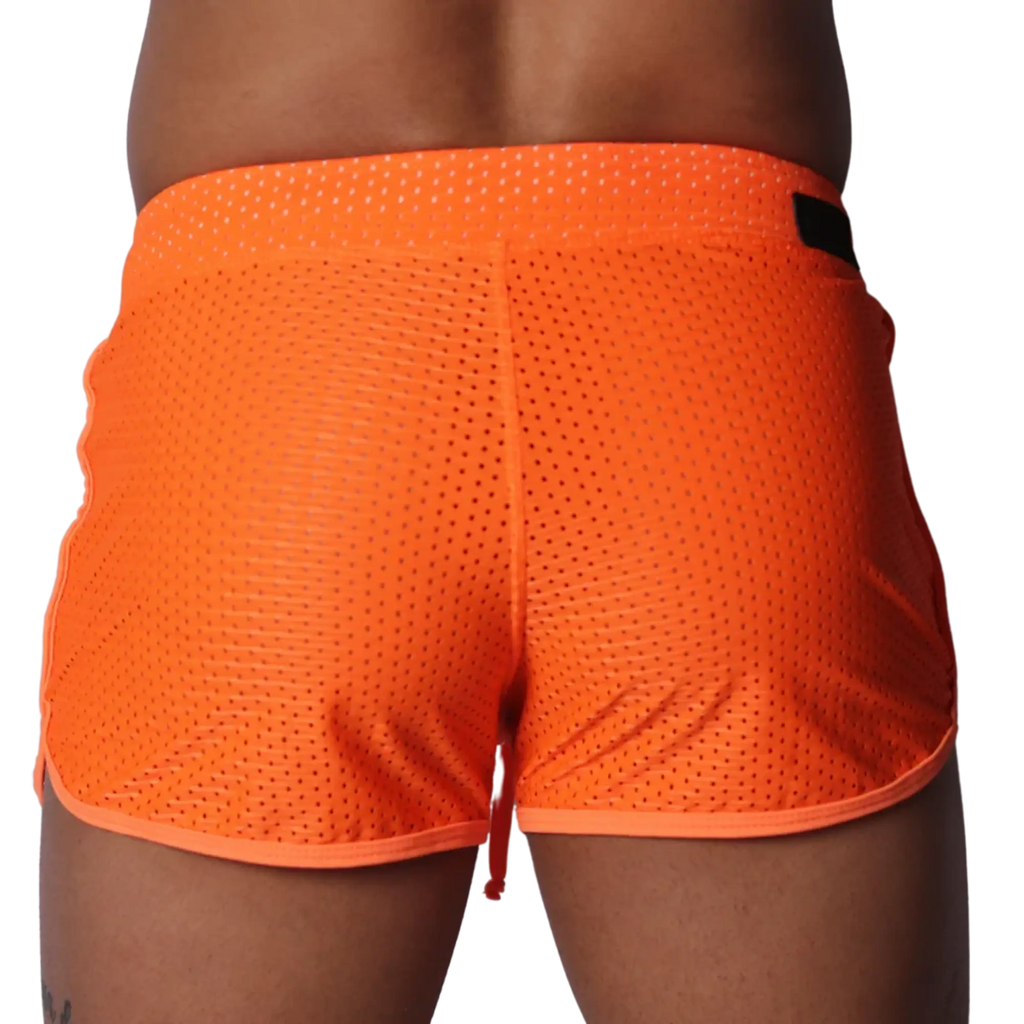 Bright orange athletic mesh shorts with a thick waistband and contrasting orange hem trim.