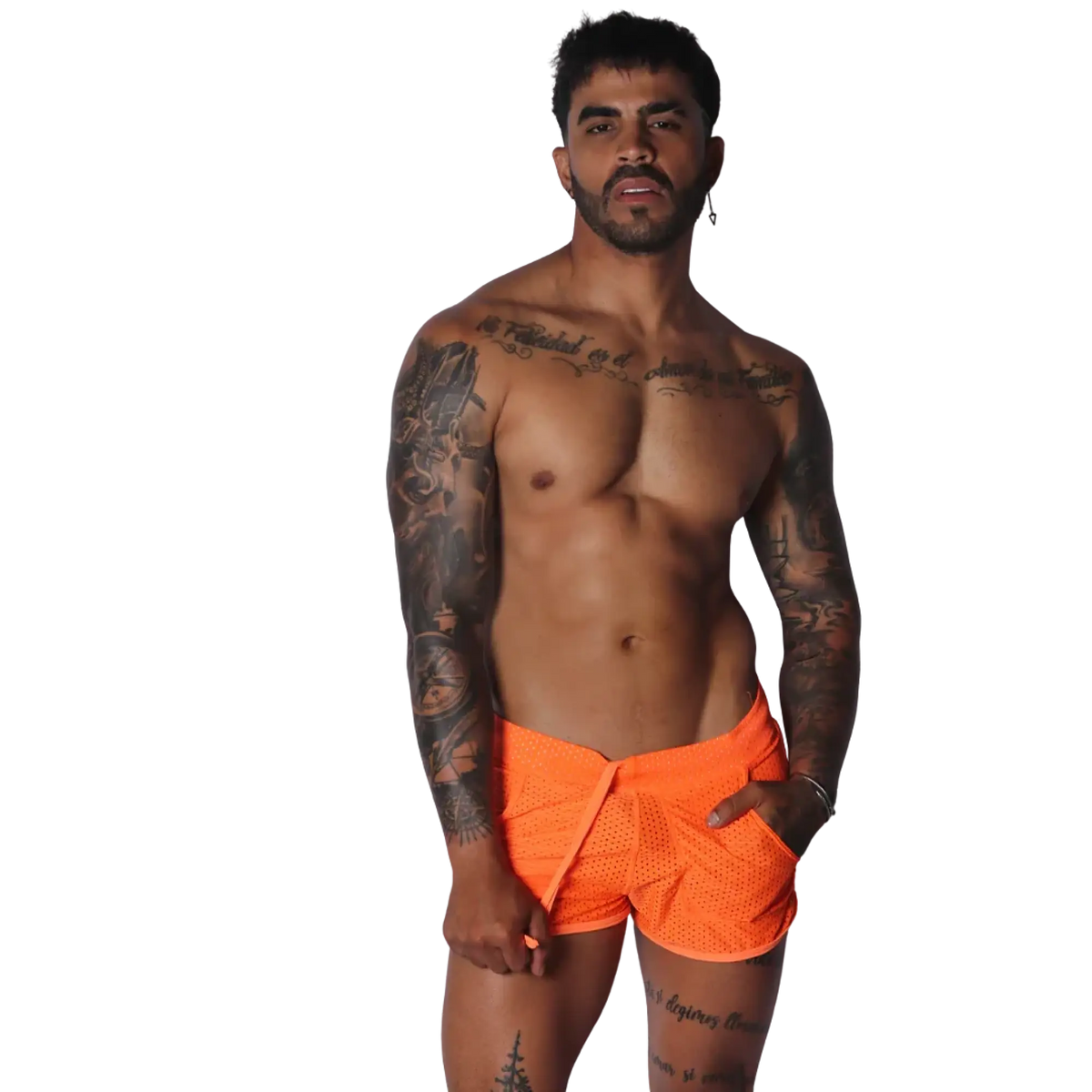 Neon orange mesh athletic shorts with a drawstring waist, modeled by a tattooed man against a black background.