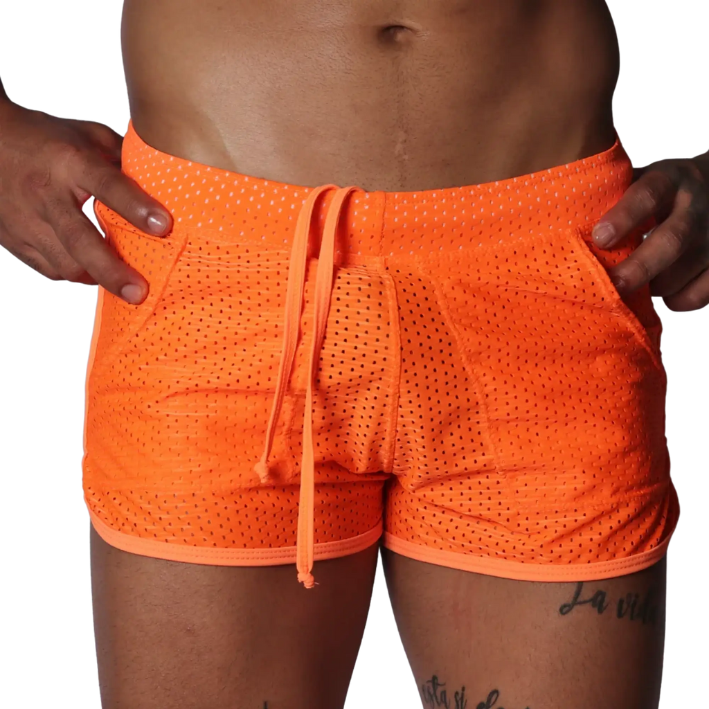 Bright orange athletic mesh shorts with a drawstring waistband and side pockets.