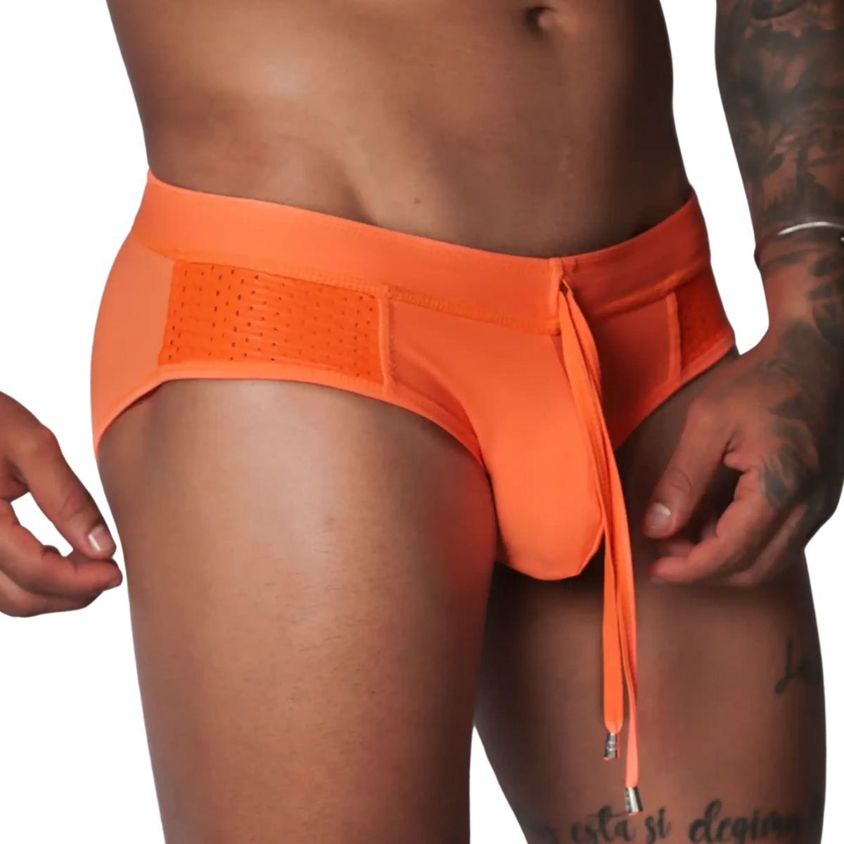 Bright orange swim brief with mesh side panels, an elastic waistband, and a decorative front drawstring tie.