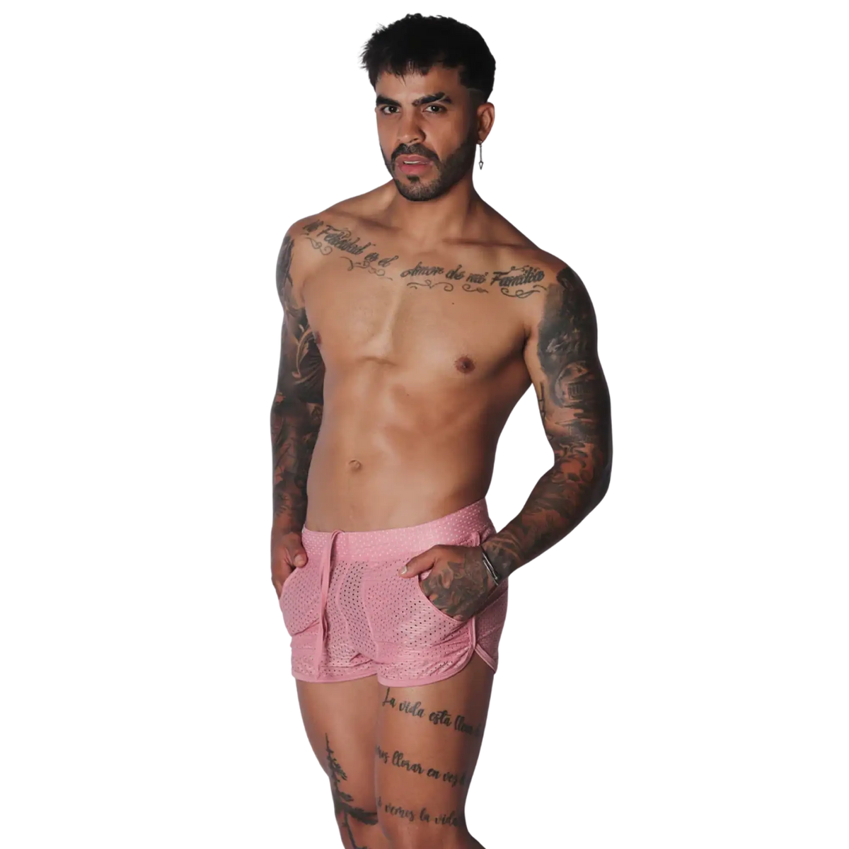 Pink, short-length athletic mesh shorts with a drawstring waist, side pockets, and rounded hem.