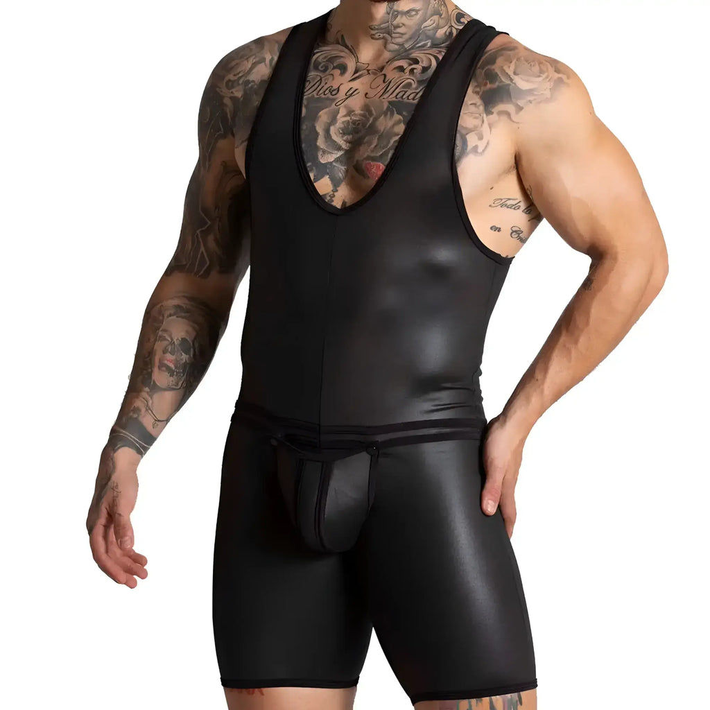 Gigo F Fetish black faux leather tank top with v-neck and matching shorts set for edgy fashion look