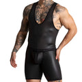 Gigo F Fetish black faux leather tank top with v-neck and matching shorts set for edgy fashion look