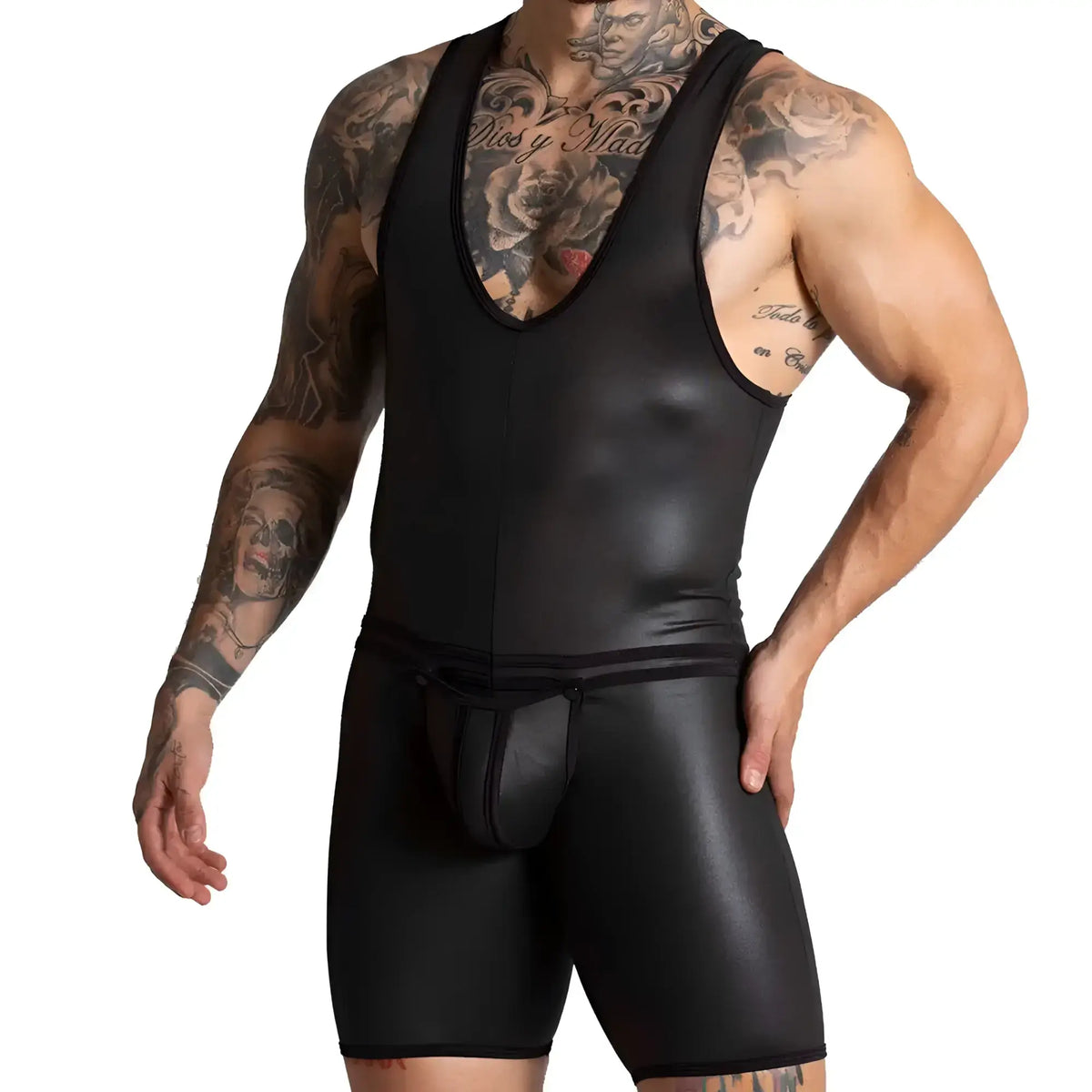 Gigo F Fetish black faux leather tank top with v-neck and matching shorts set for edgy fashion look