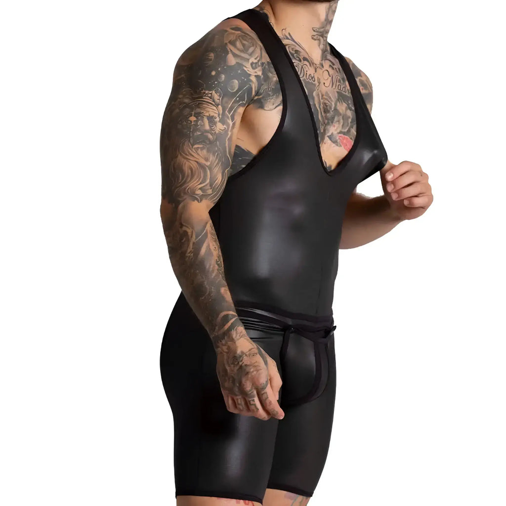 Gigo F Fetish black glossy leather-like wrestling singlet with deep v-neck and elastic waistband for performance use