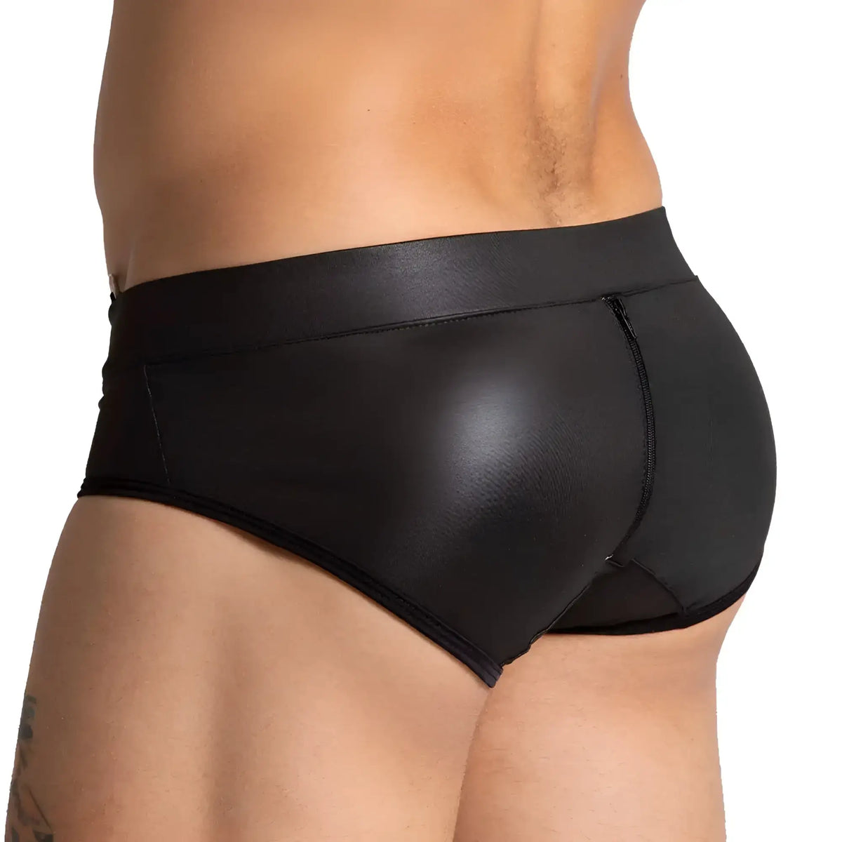Black shiny faux leather briefs with a sleek form-fitting design by gigo f fetish black brief
