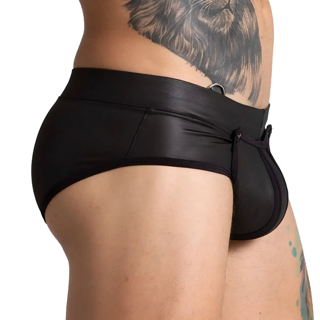 Gigo F Fetish black brief in faux leather with sleek form-fitting design and subtle sheen visible from the front