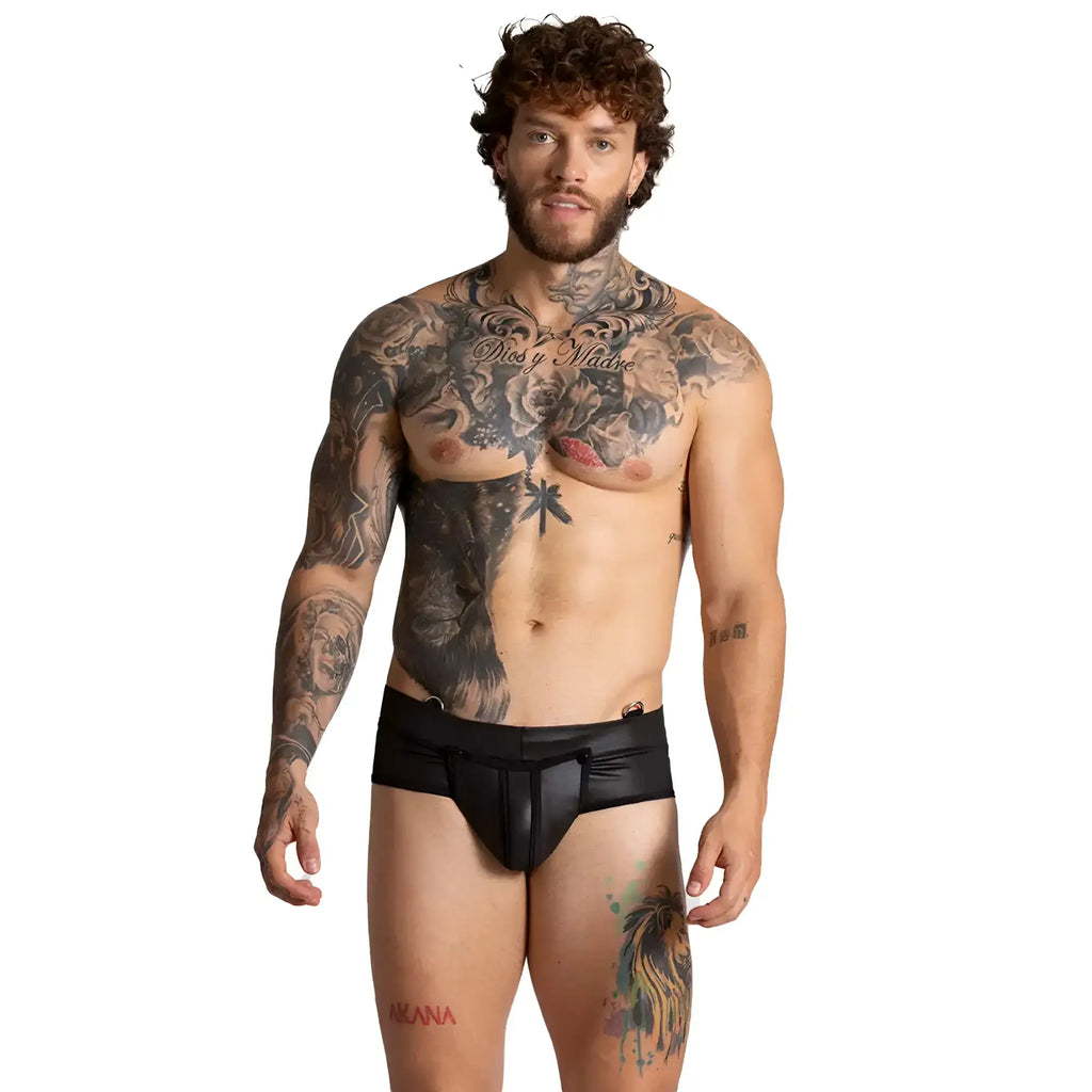 Black patent leather briefs with central front slit and adjustable side straps from gigo f fetish black brief collection