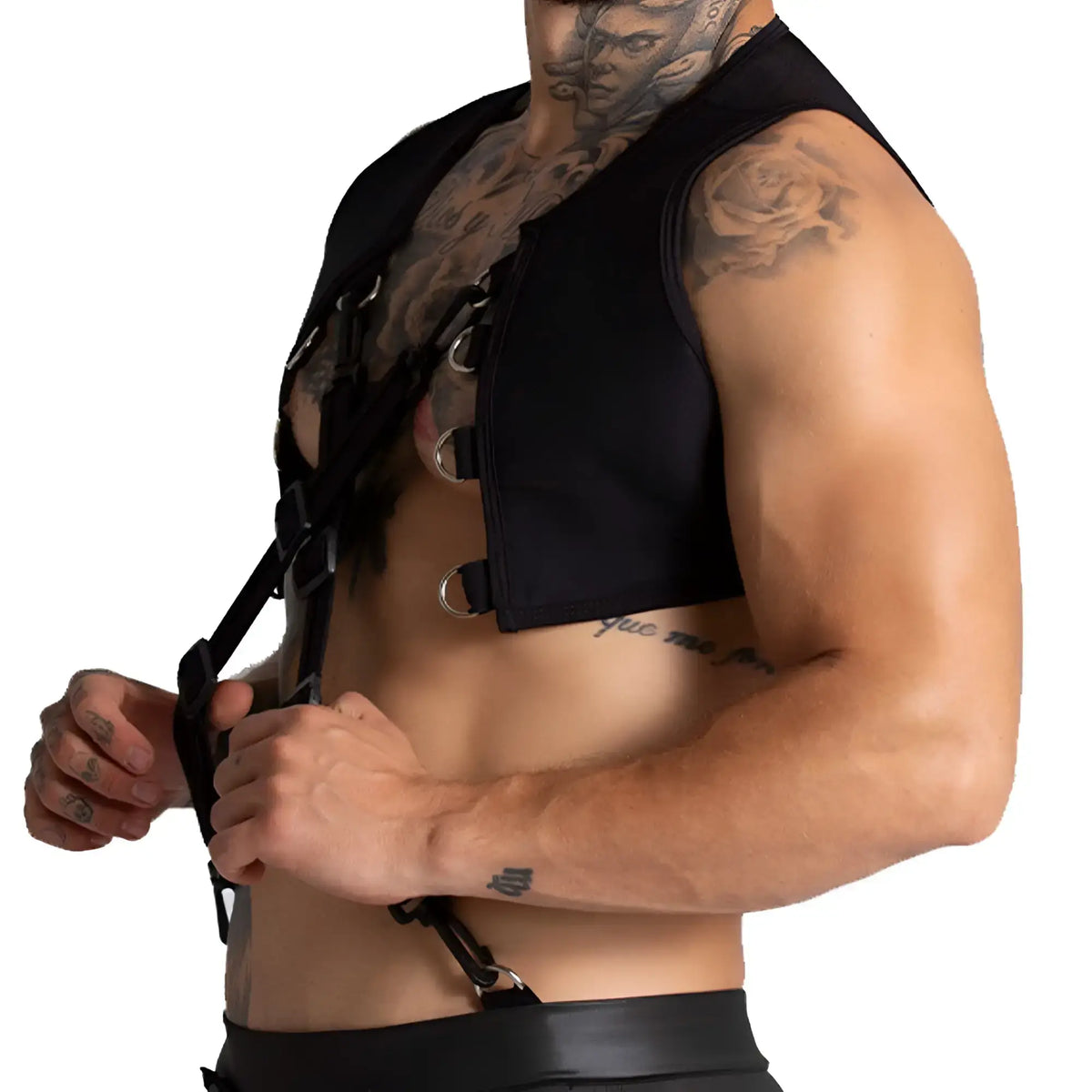 Gigo f fetish black leather harness vest with adjustable straps and metal rings shown from the back side
