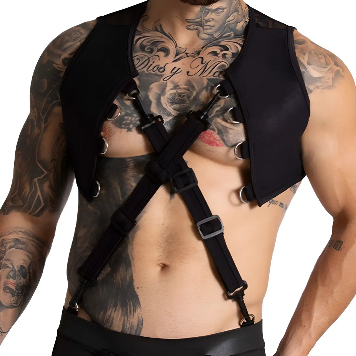 Gigo f fetish black harness mesh vest with adjustable straps and metal buckles shown from the back side