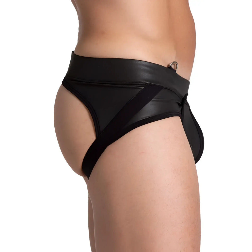 Black leather thong with wide waistband and diagonal straps from gigo f fetish black jockstrap shown from back side