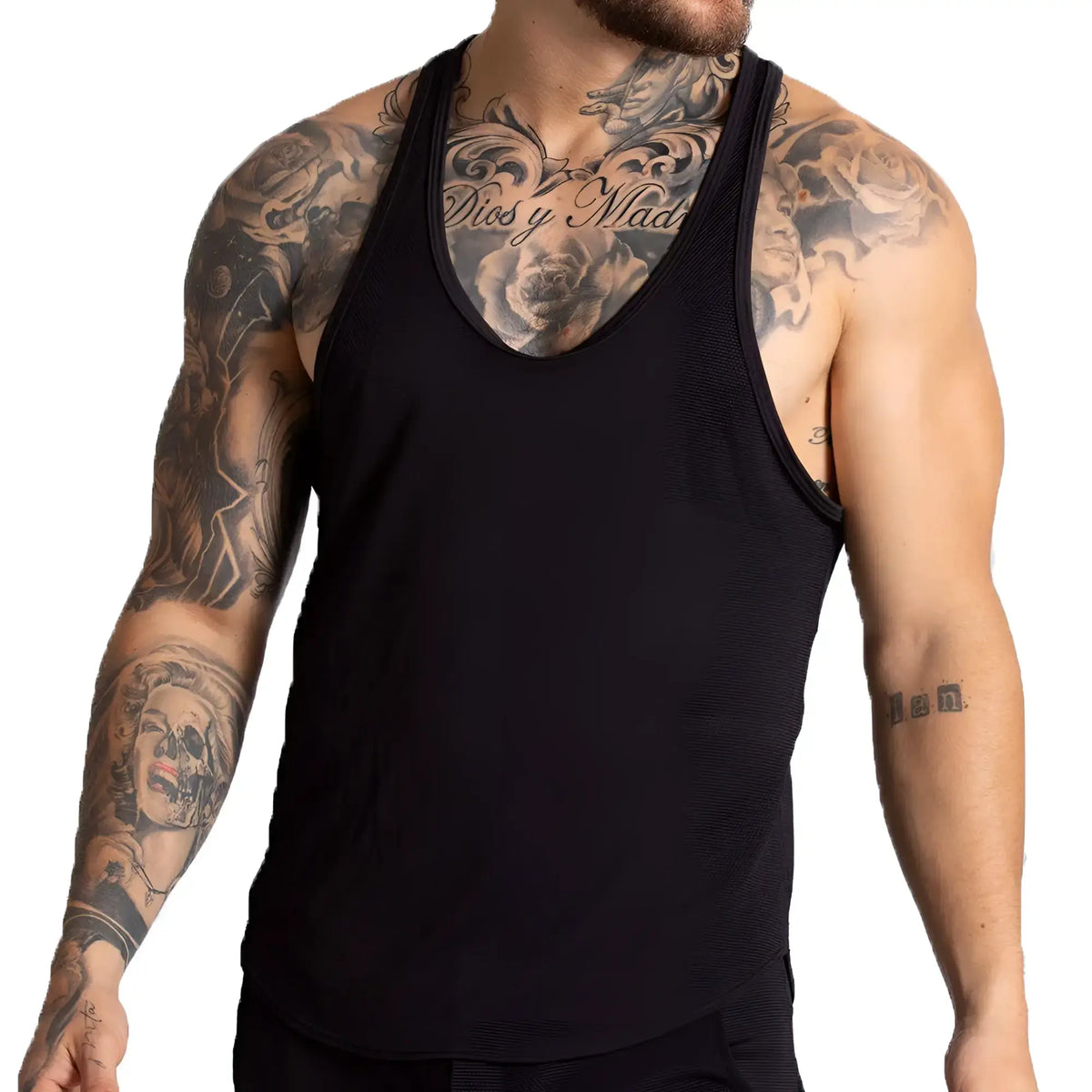 Black textured racerback tank top showing back side from Gigo F Fetish Black Tank collection