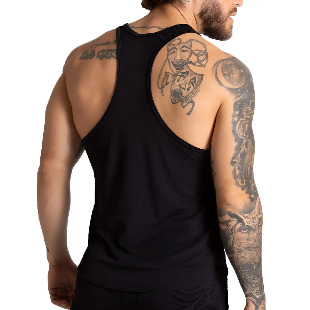Black athletic tank top with textured breathable fabric and racerback design shown from the back for gigo f fetish black tank