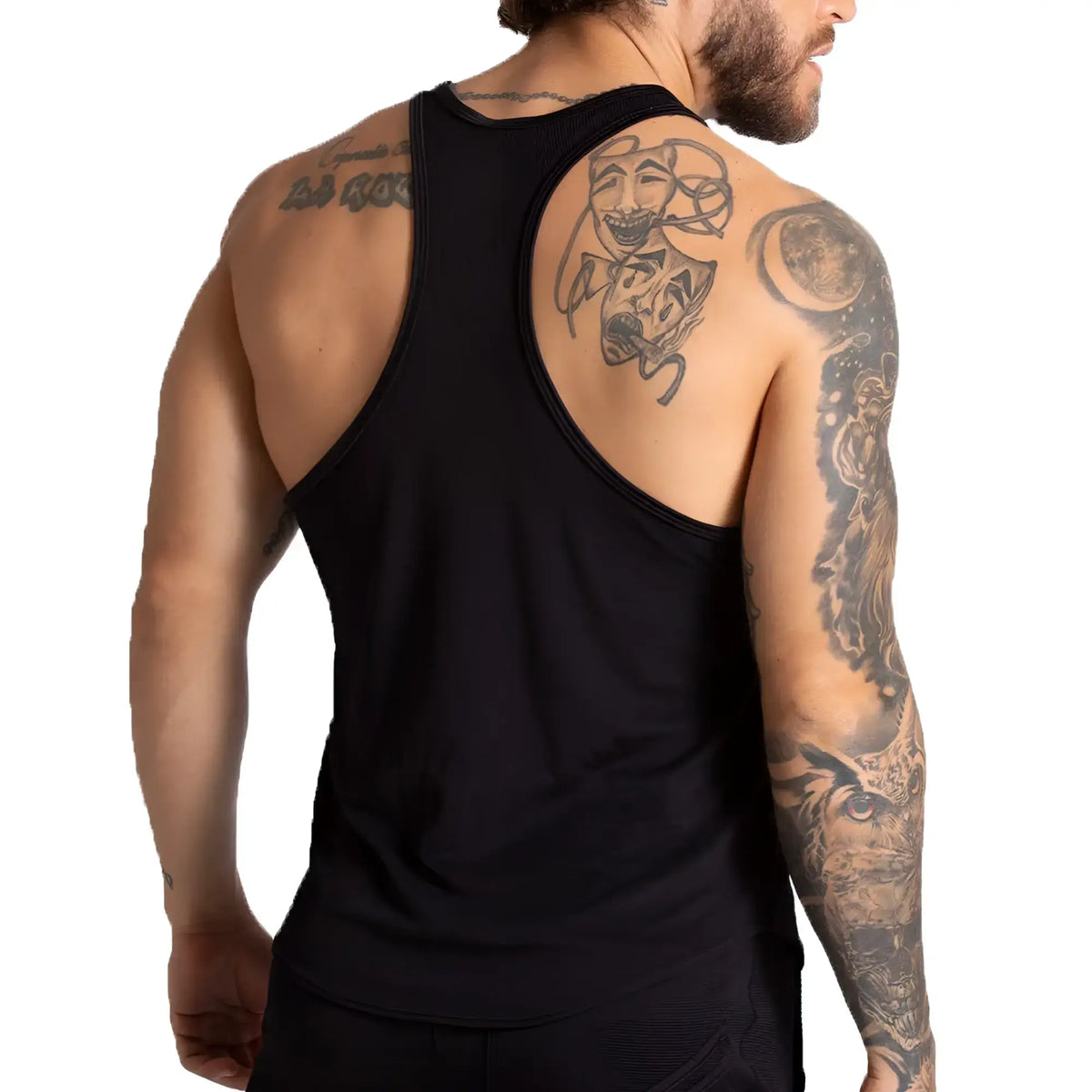 Black athletic tank top with textured breathable fabric and racerback design shown from the back for gigo f fetish black tank