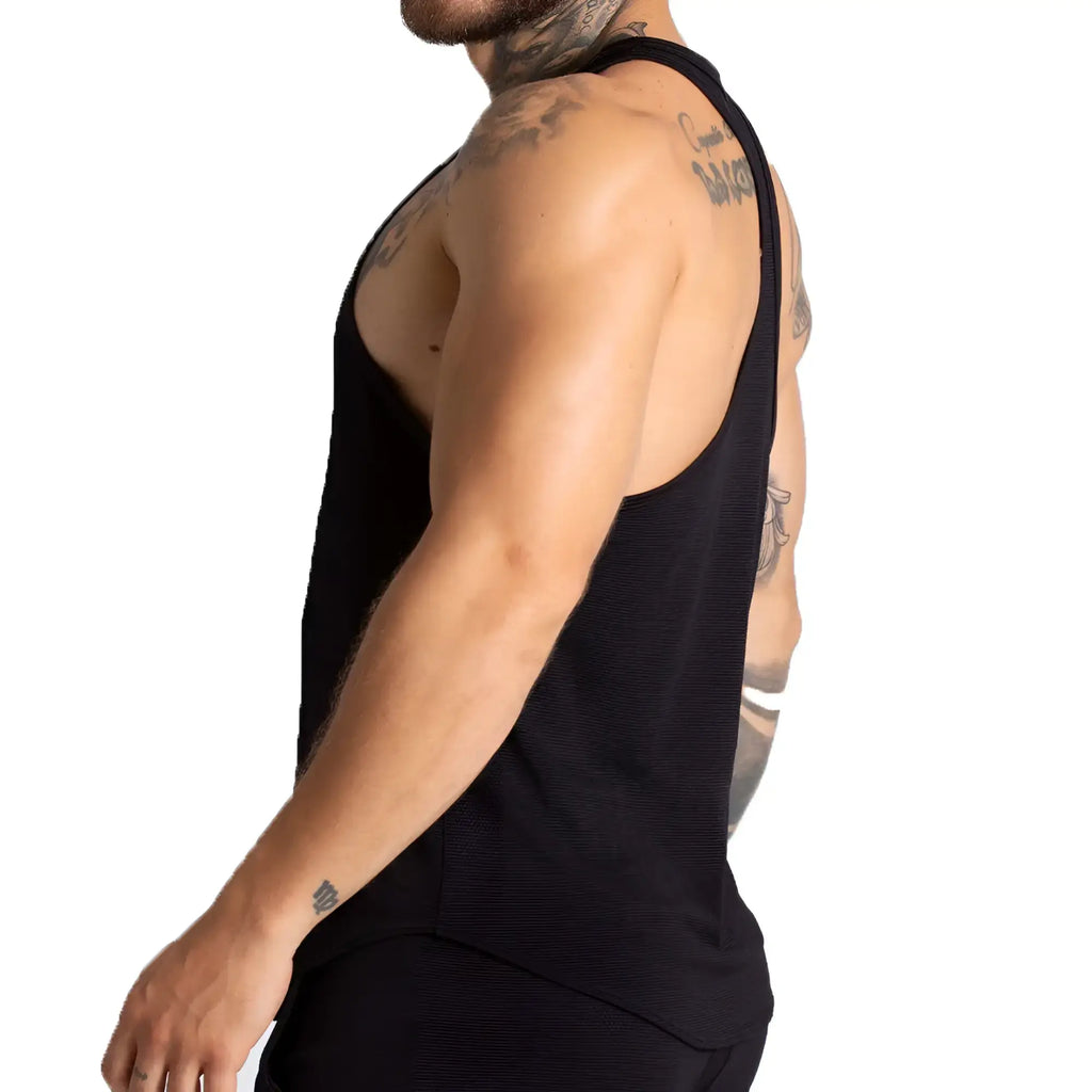 Gigo F Fetish black tank textured athletic tank top designed for performance and comfort during workouts